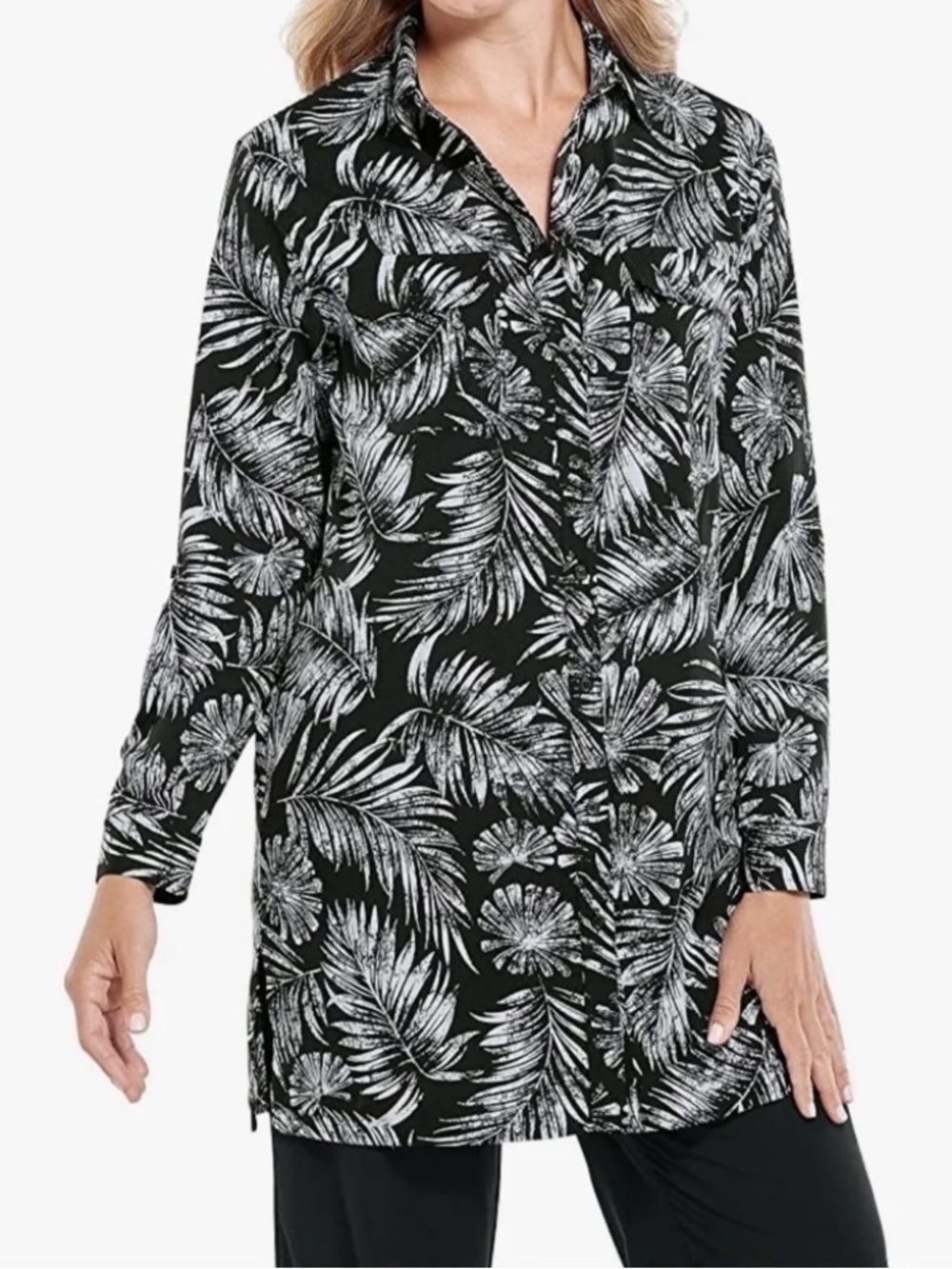Coolibar Santorini Tunic Shirt UPF Sun Protective Black White Manilla Palm XS